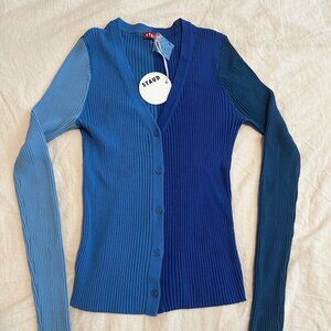 NWT STAUD Color Block Ribbed Cardigan Sweater Cobalt